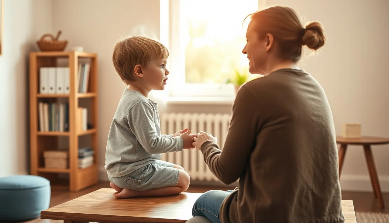 Young child practicing speech sounds with an adult in a sunlit therapy room