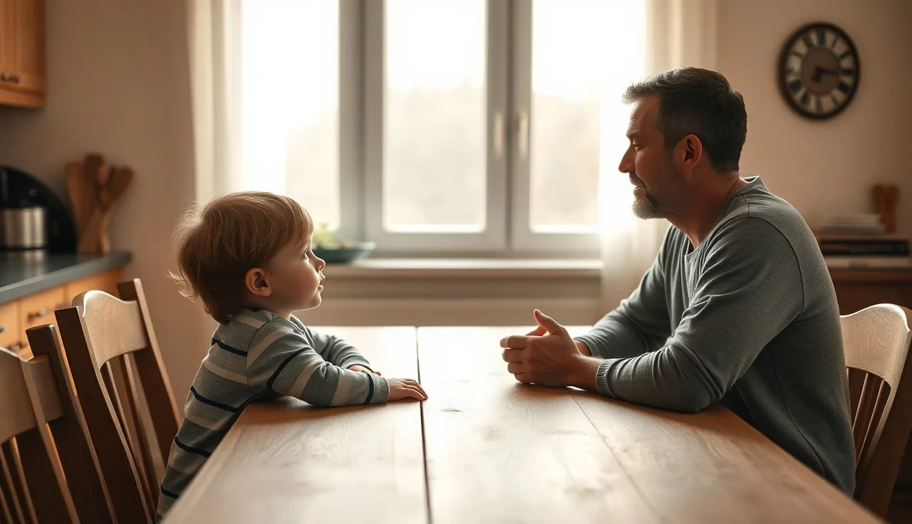 Child and adult in conversation at a kitchen table, soft morning light