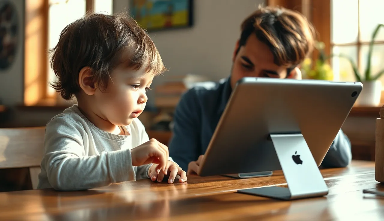 Child using a tablet AAC device with a parent watching closely at a table