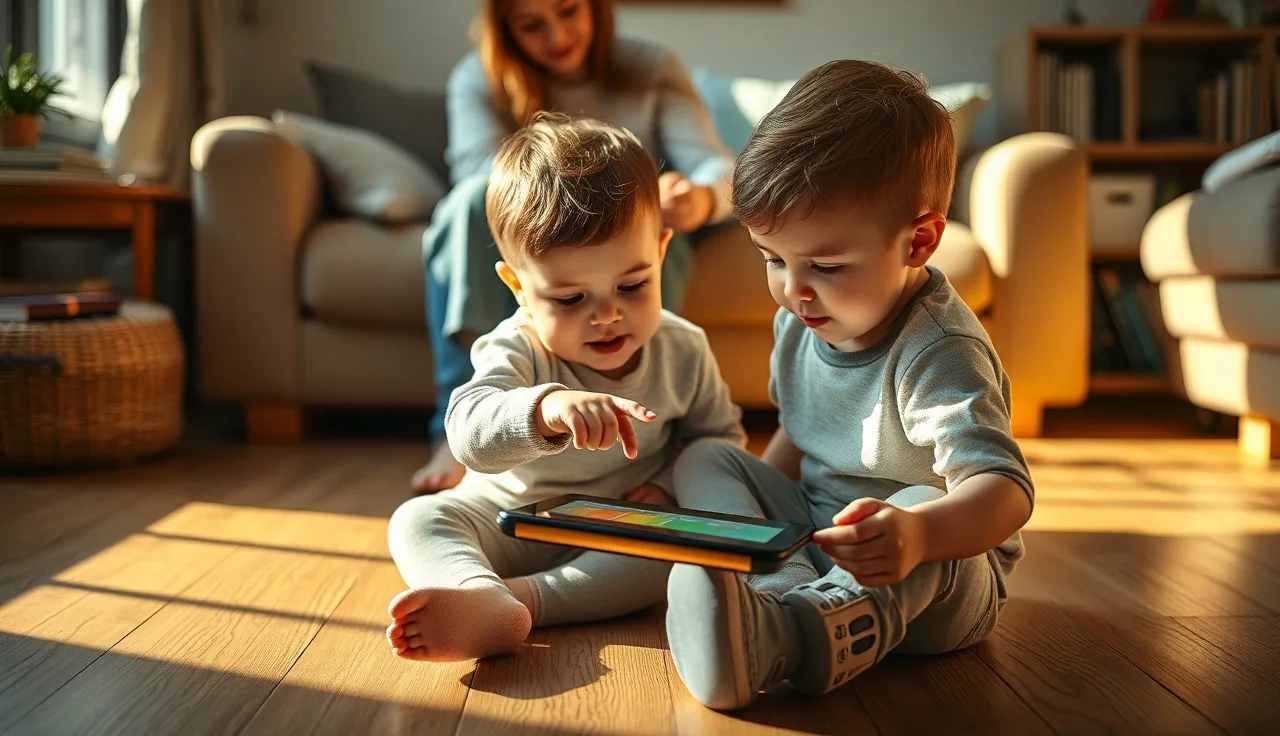 Young child using a tablet AAC device with parent nearby in living room
