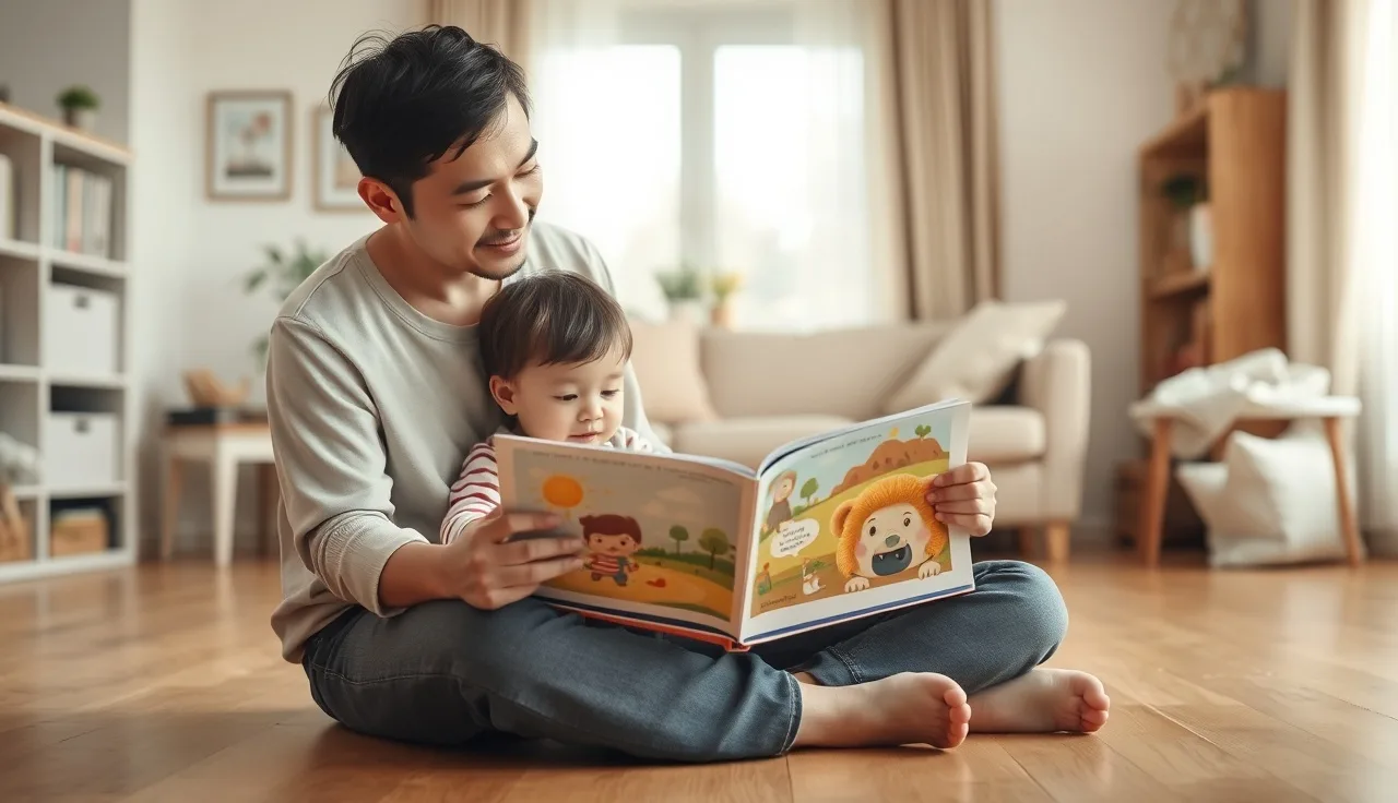 Parent and toddler reading a picture book together on the floor