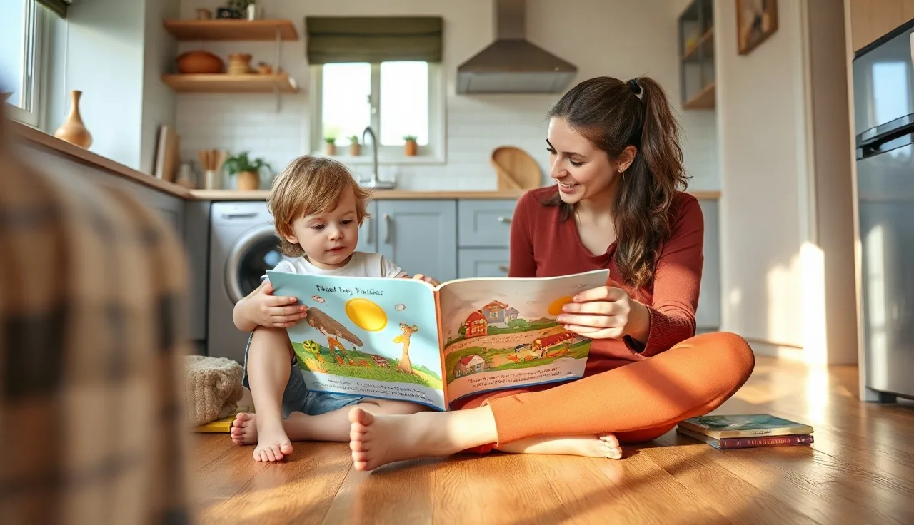 Parent and toddler reading a picture book together on a kitchen floor