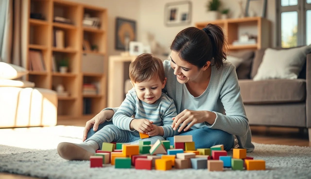 Parent and toddler playing with wooden blocks on a living room floor during speech practice