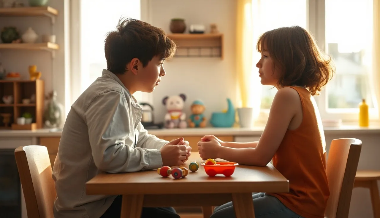 Child and adult in close conversation at a sunny kitchen table, echolalia context