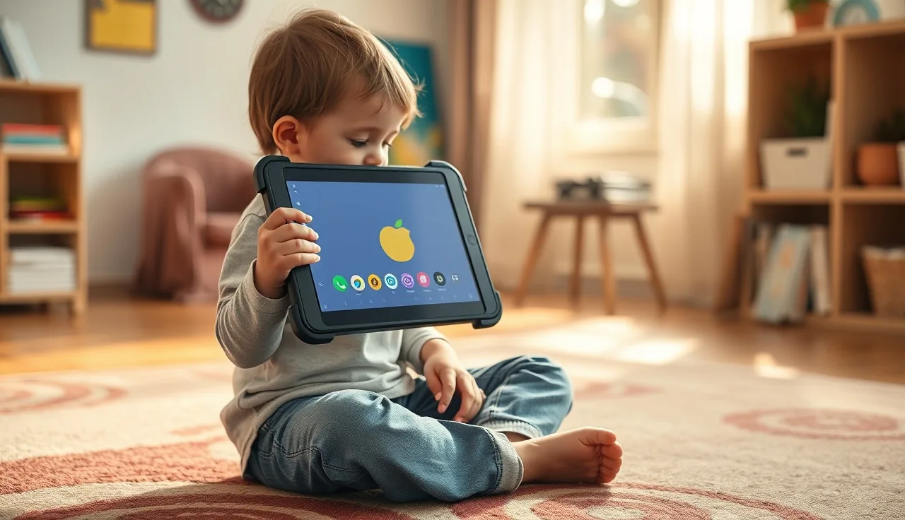 Young child pressing a symbol on an AAC tablet device during a therapy session