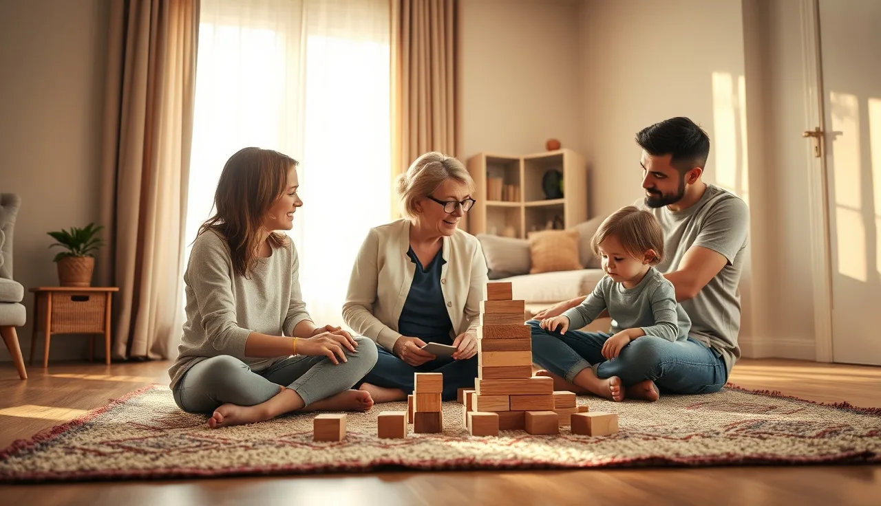 Therapist and parent coaching toddler with wooden blocks during early intervention home visit