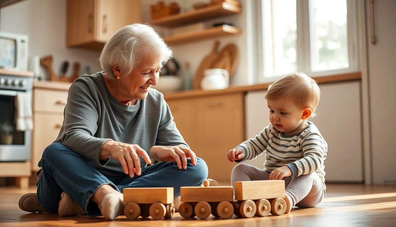 Grandmother sitting on kitchen floor with toddler playing with toy train
