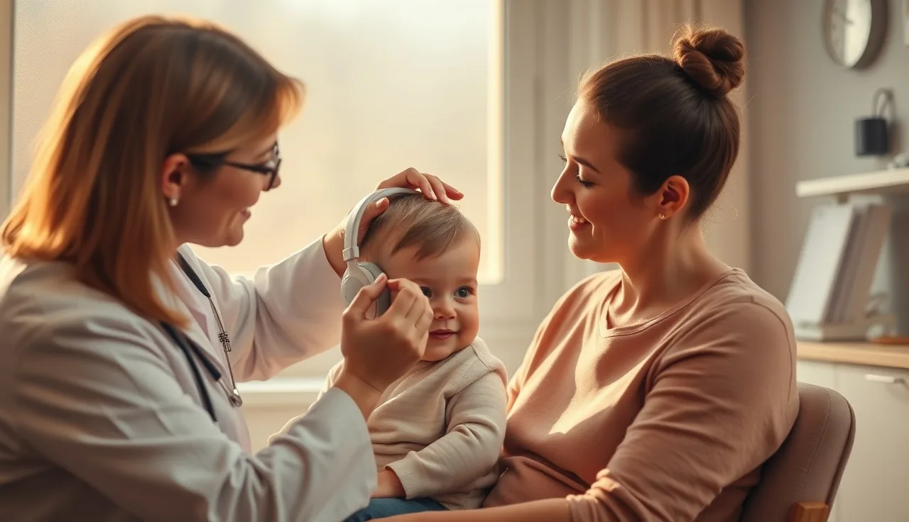 Audiologist fitting earphones on a toddler for a pediatric hearing test