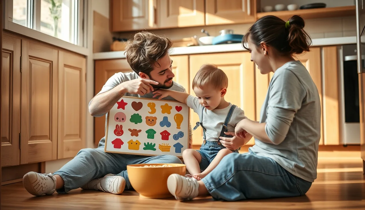 Parent modeling AAC symbols with toddler on kitchen floor during breakfast