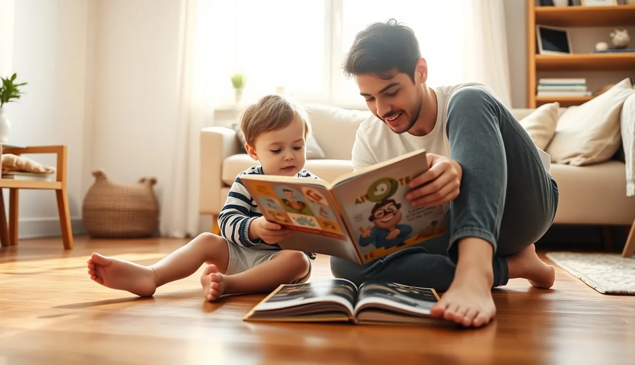 Toddler and parent reading together on floor, supporting speech development at home