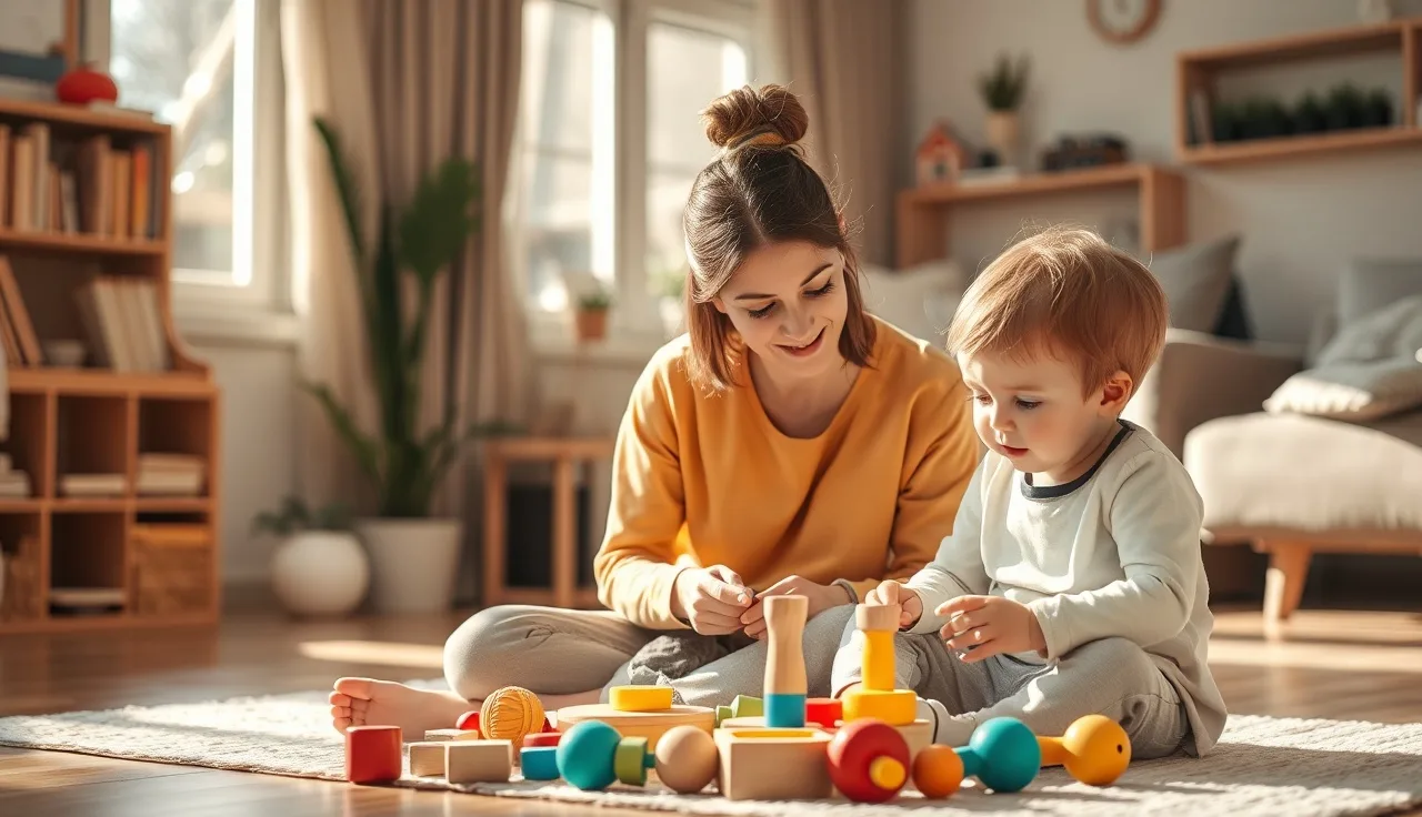 Speech therapist and toddler playing with wooden toys during a home therapy session