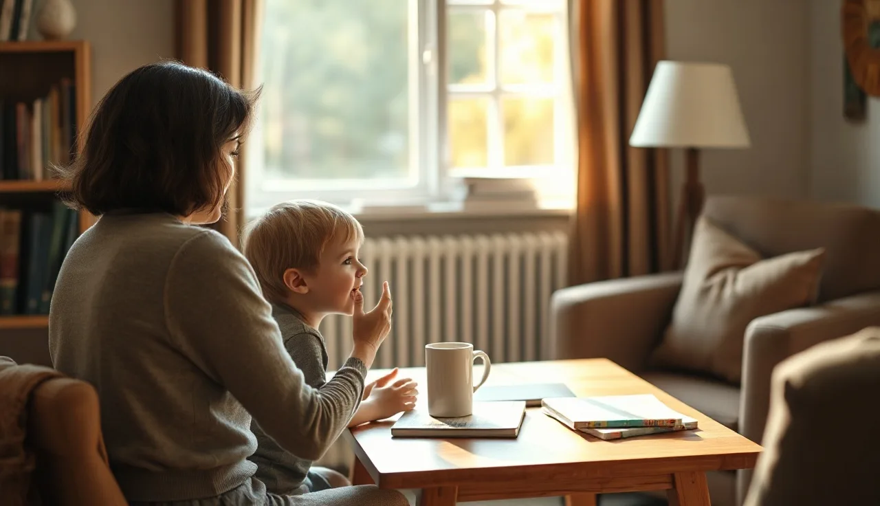 Young child speaking with a speech therapist at a small wooden table
