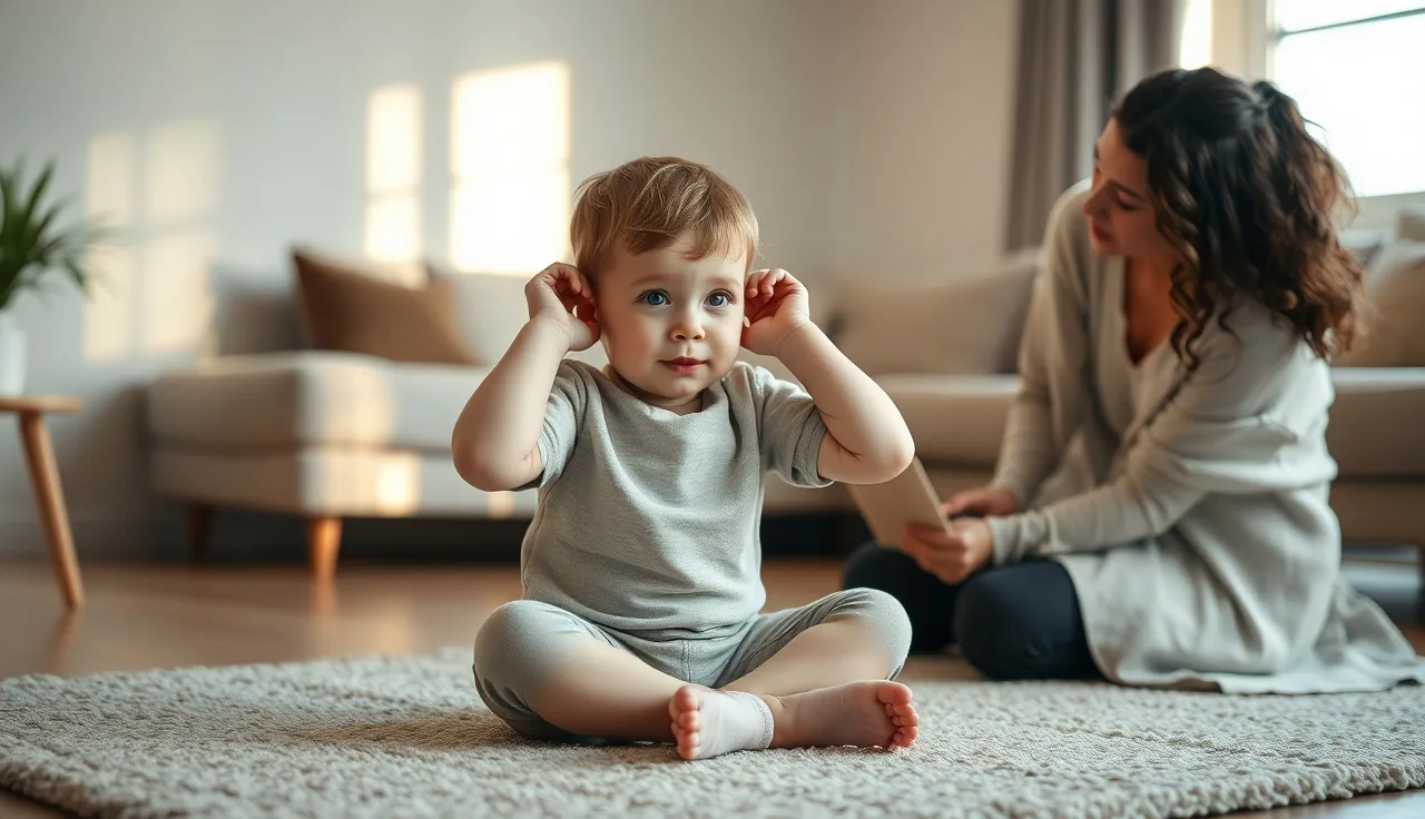 Young child covering ears while parent kneels at eye level indoors