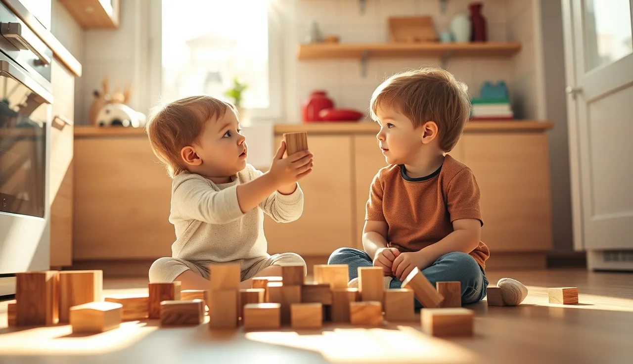 Older sibling holding up a wooden block encouraging a younger late-talking child on a sunny kitchen floor