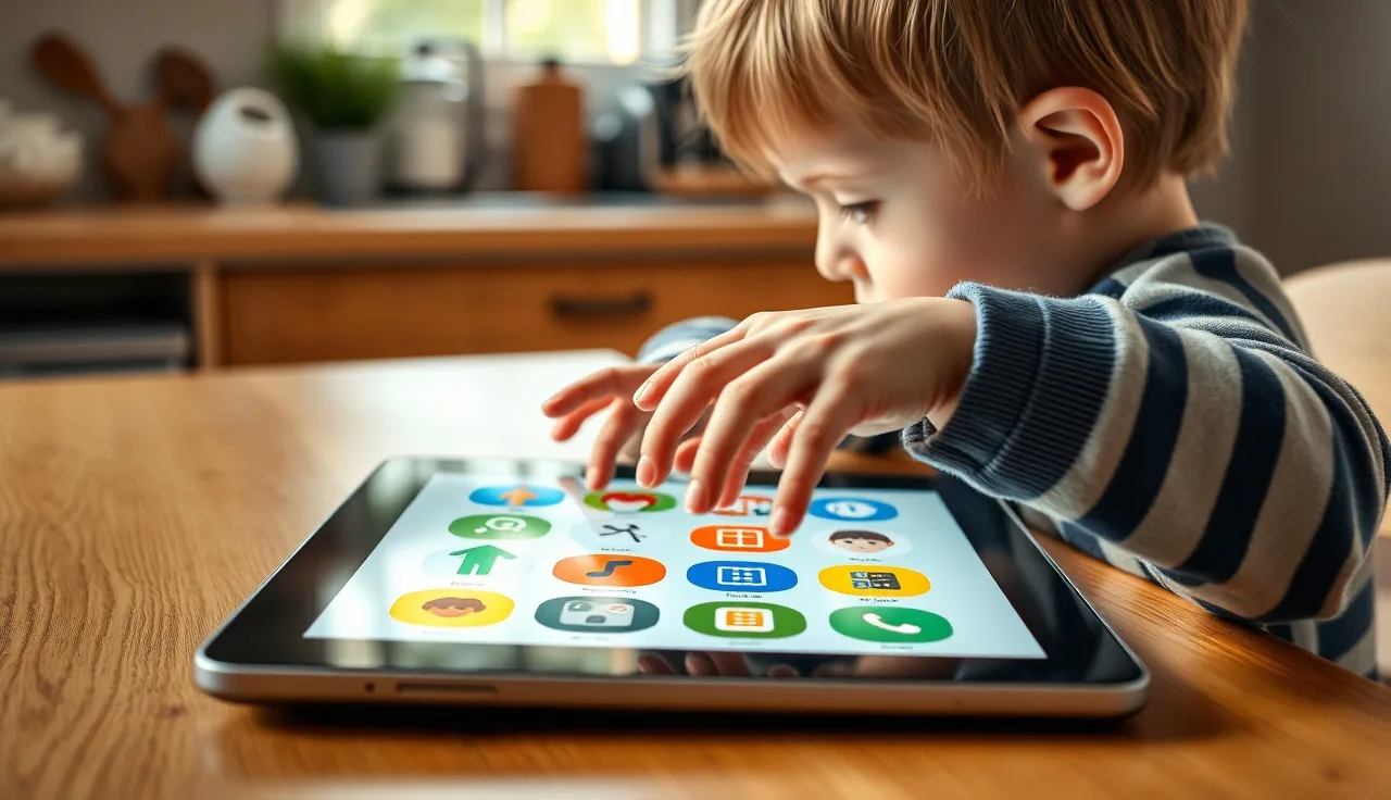 Child's hands touching a tablet AAC device with colorful symbol buttons at a kitchen table
