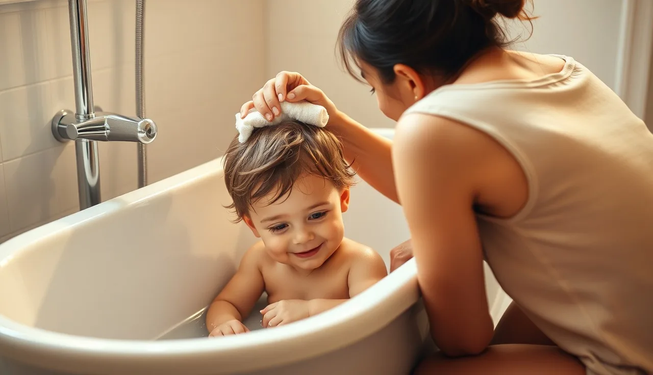 Parent washing toddler's hair during bath time in a warm bathroom
