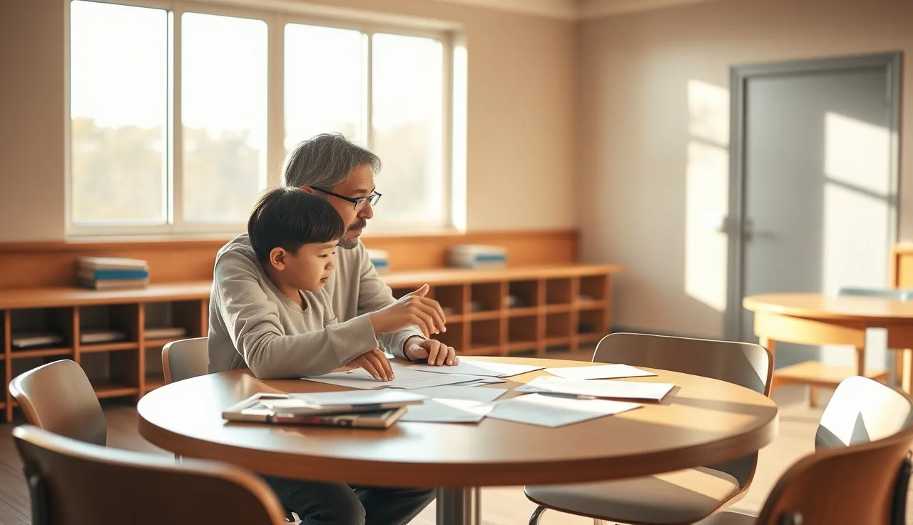 Parent and child sitting together at IEP meeting table with papers