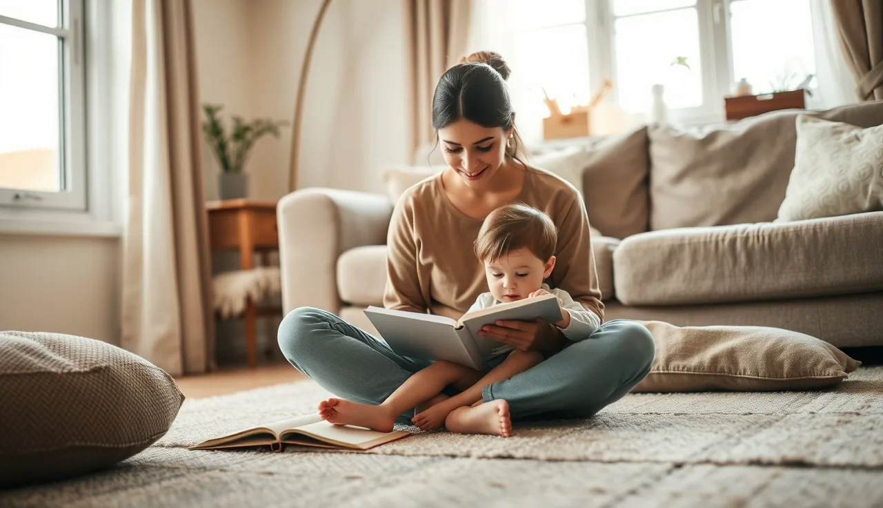Mother and toddler on living room floor during early intervention evaluation preparation