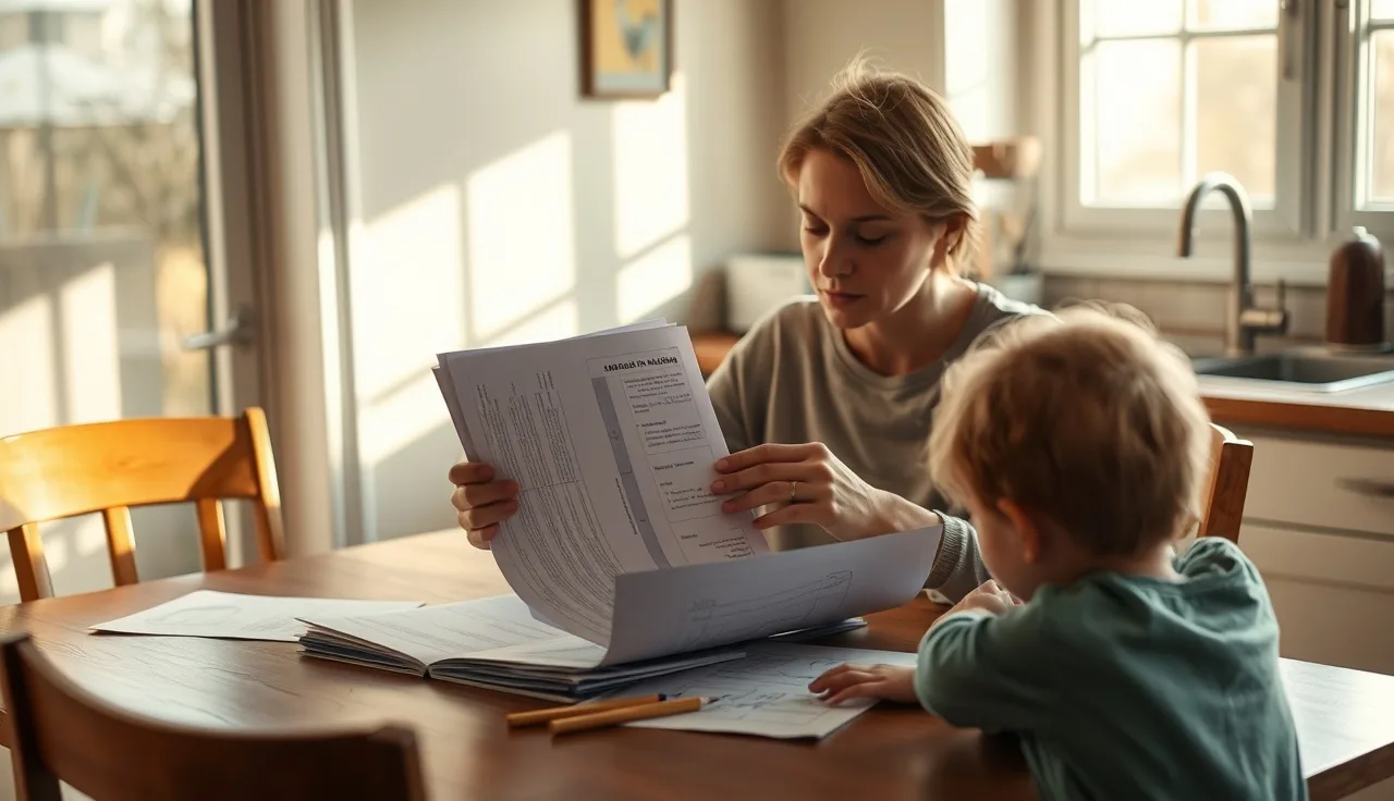 Parent organizing medical documents at kitchen table while appealing speech therapy insurance denial