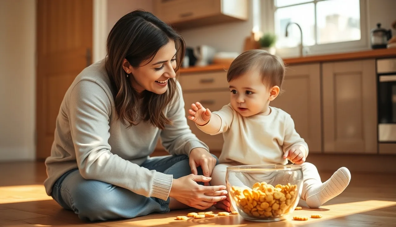 Parent and toddler on kitchen floor practicing natural communication during snack time