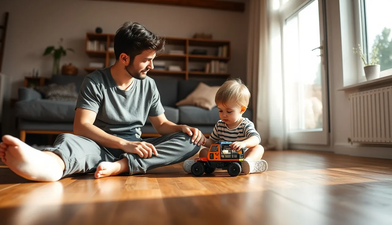 Parent and toddler sitting on floor together during conversation play with a toy car