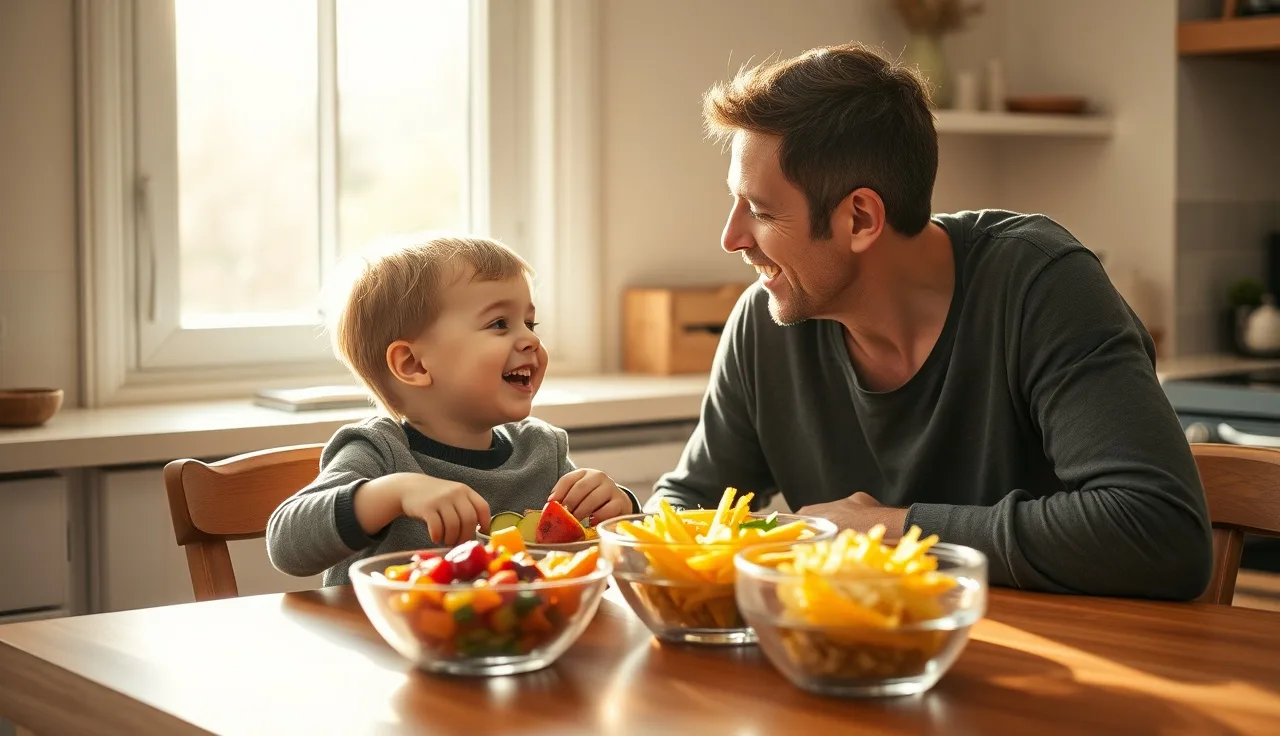 Parent and toddler sharing a meal at a sunlit kitchen table, building language