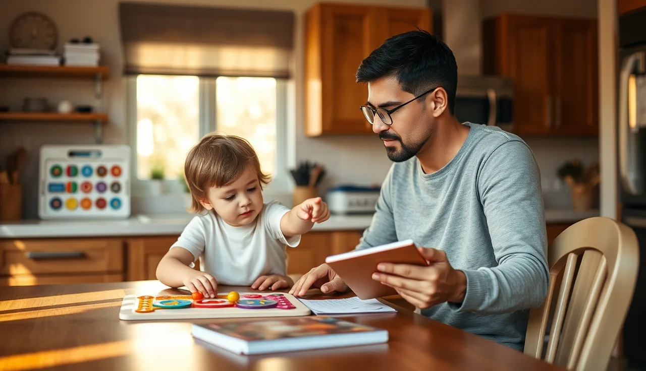 Parent and child at kitchen table with AAC symbol board during morning communication practice