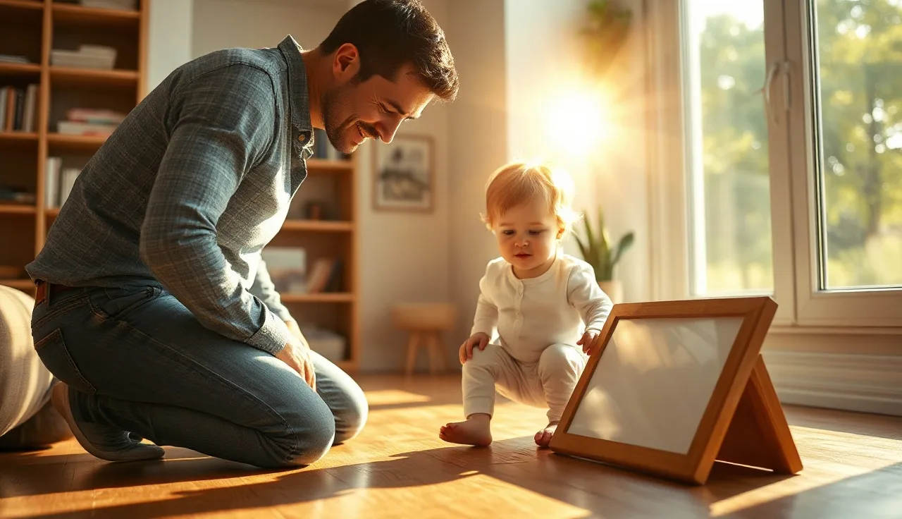 Adult and autistic child communicating together using a picture board indoors