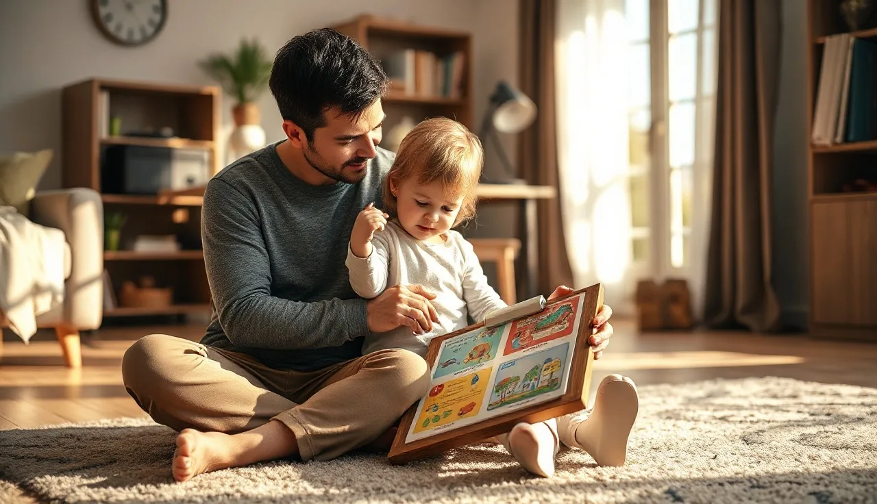 Parent and child looking together at a picture communication board on the floor