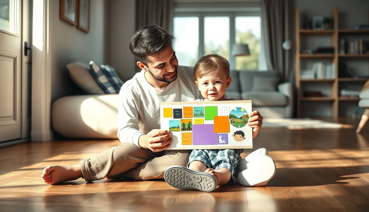 Parent and autistic child communicating with a picture board on a wooden floor