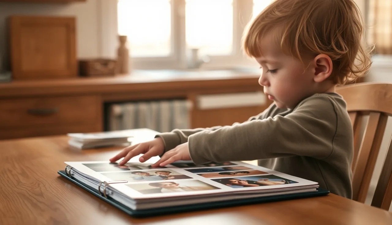 Young child pointing at picture symbol cards in an open communication binder on a kitchen table