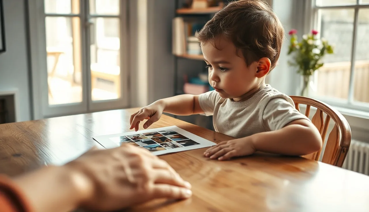 Young child pointing to symbols on a laminated communication board at a home table