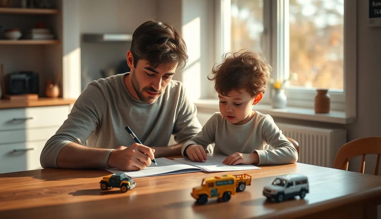 Parent writing a communication passport at kitchen table with child playing beside them