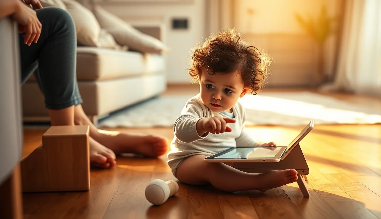 Toddler tapping a AAC communication tablet on the floor with parent nearby