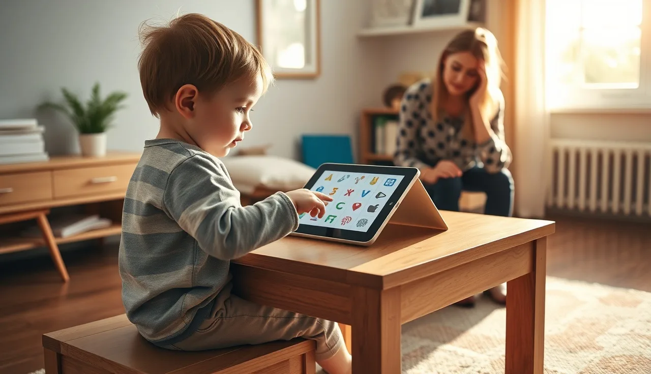 Child touching an AAC symbol grid on a tablet during a home assessment session