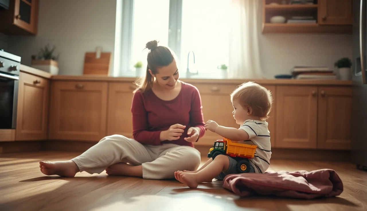 Mother and toddler playing with toy truck on kitchen floor during home speech practice