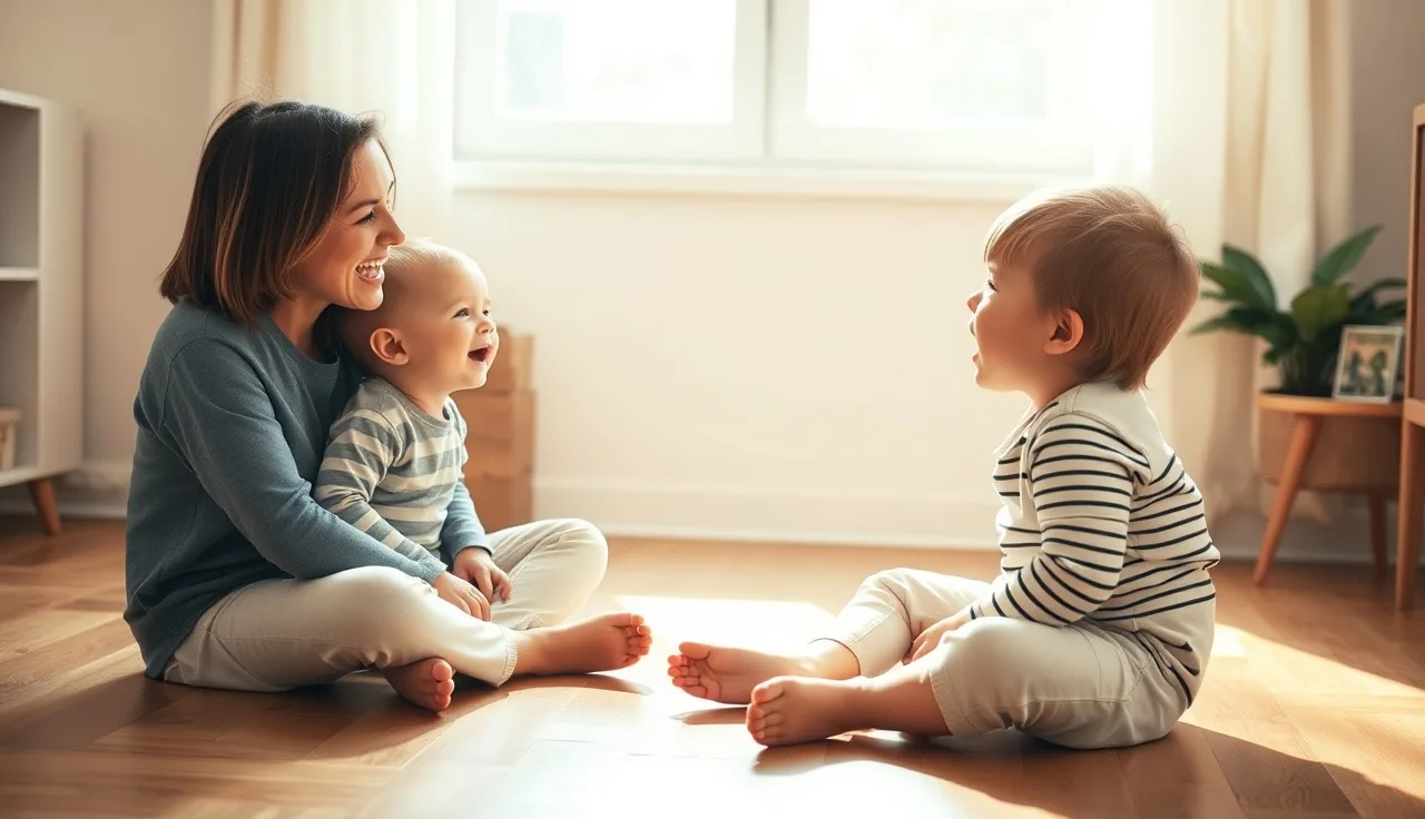 Parent and child doing lip movement exercises together on a sunny floor