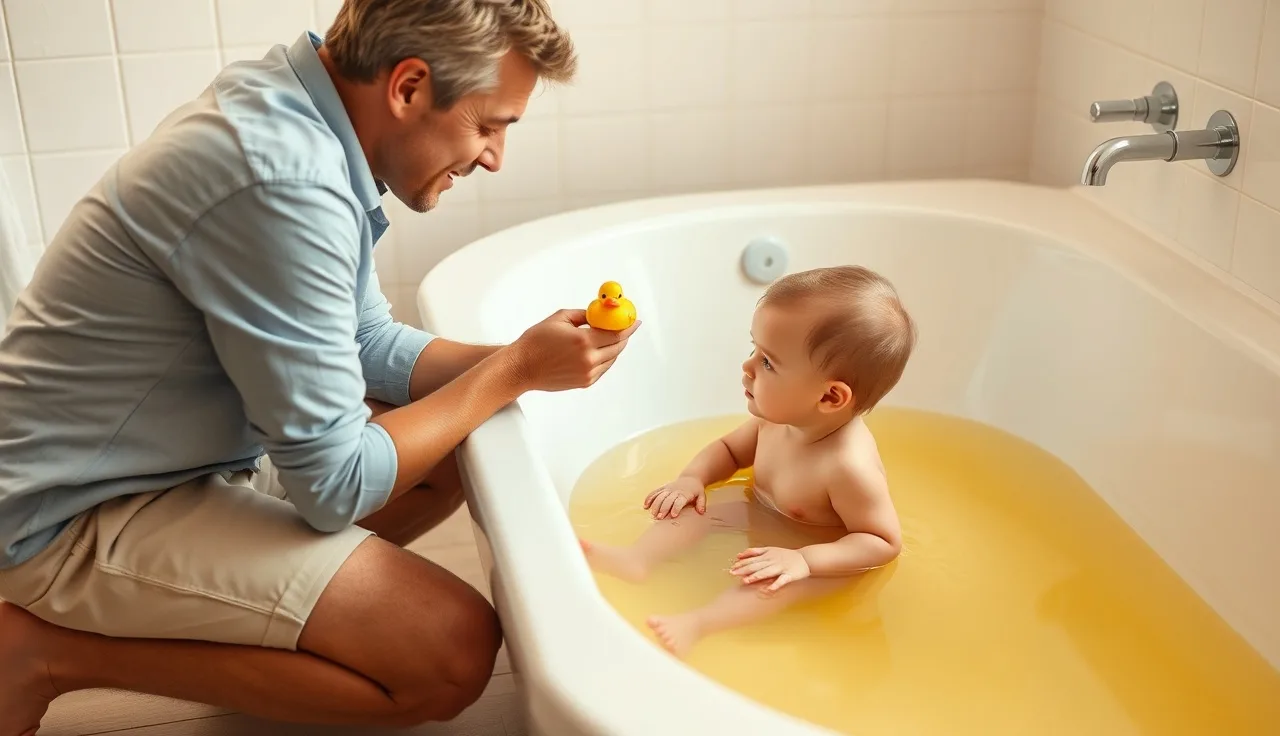 Parent holding rubber duck toward toddler in bath during speech practice