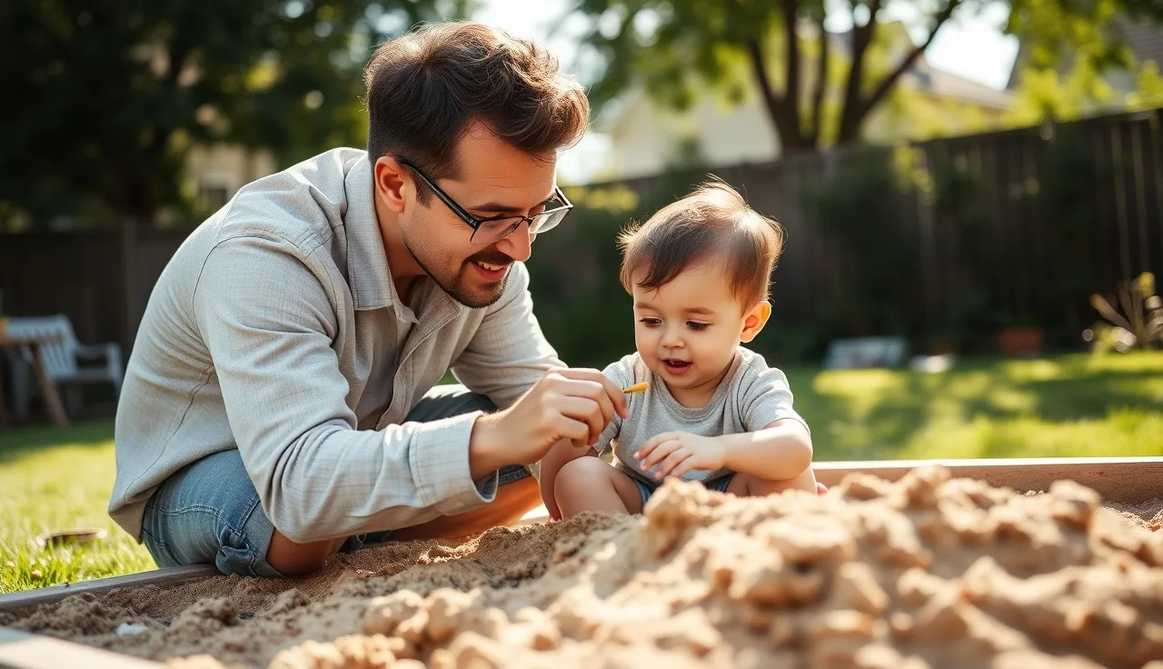 Parent and toddler sharing attention over a toy in a backyard sandbox during outdoor play