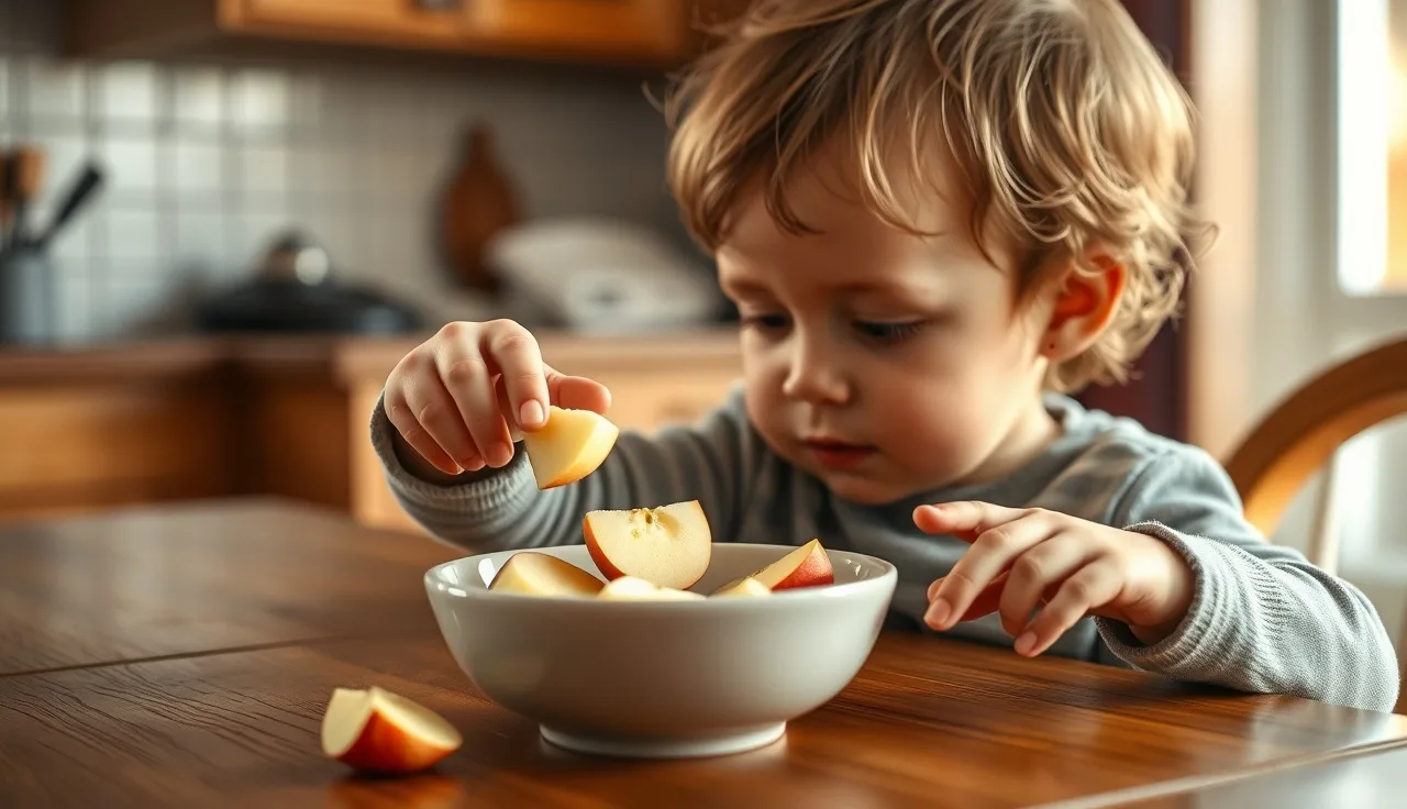 Toddler reaching for apple slices at a kitchen table during snack time speech practice