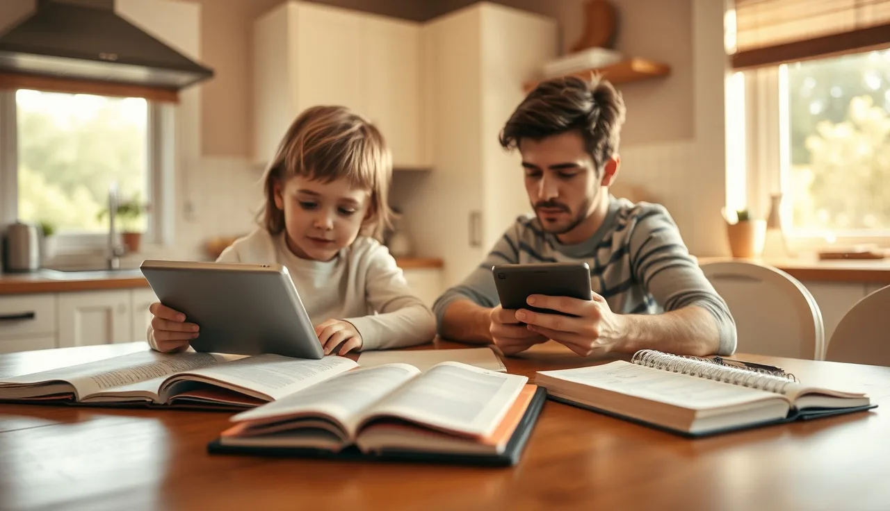 Parent and child at kitchen table with AAC device and handwritten communication logs