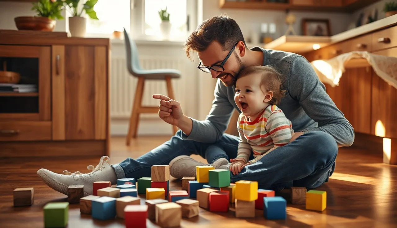 Parent and toddler on kitchen floor playing with blocks and talking