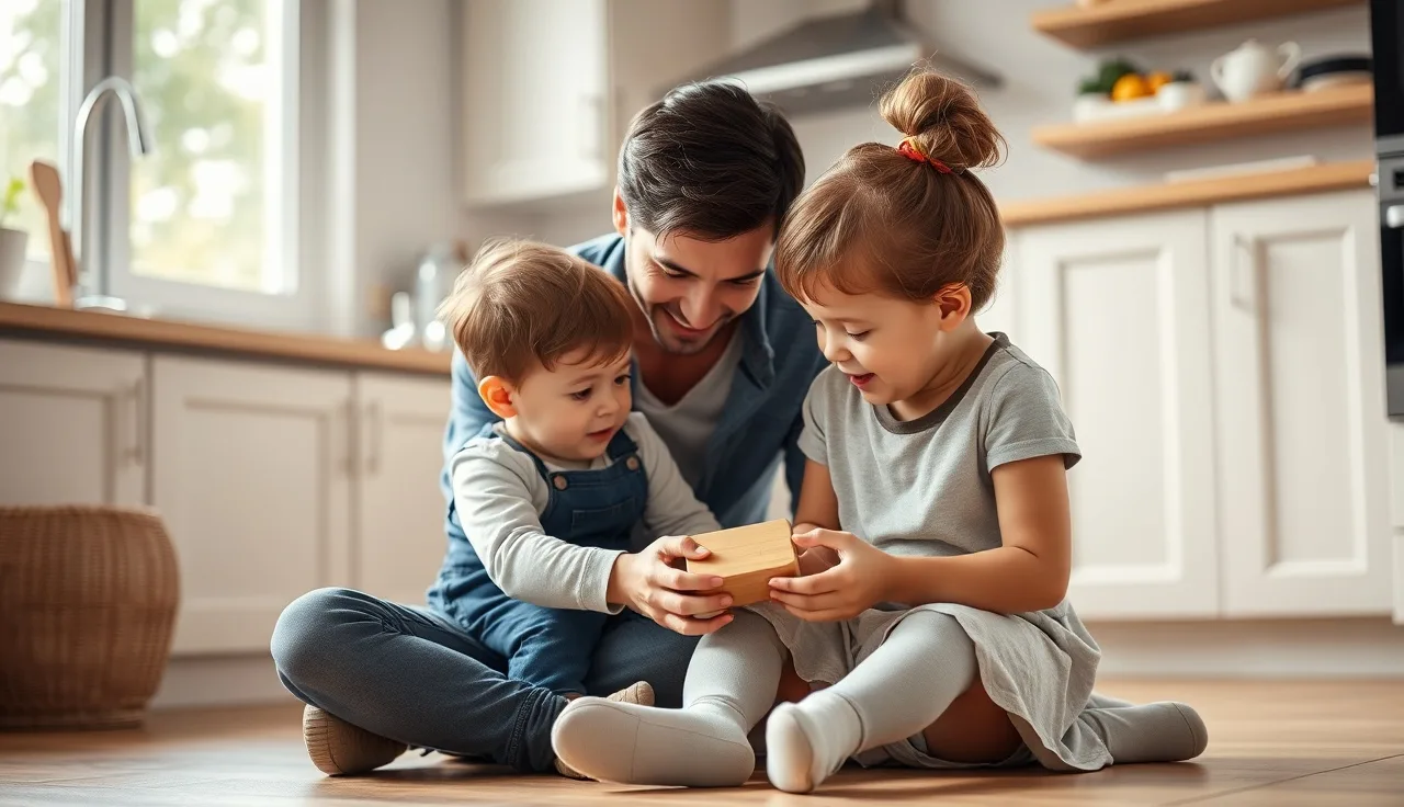 Parent and toddler on kitchen floor sharing a wooden toy during morning conversation