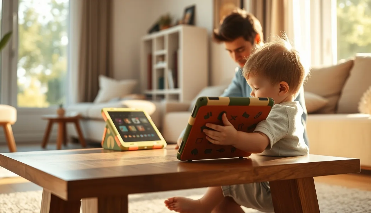 Child using a tablet AAC device to build a sentence at home