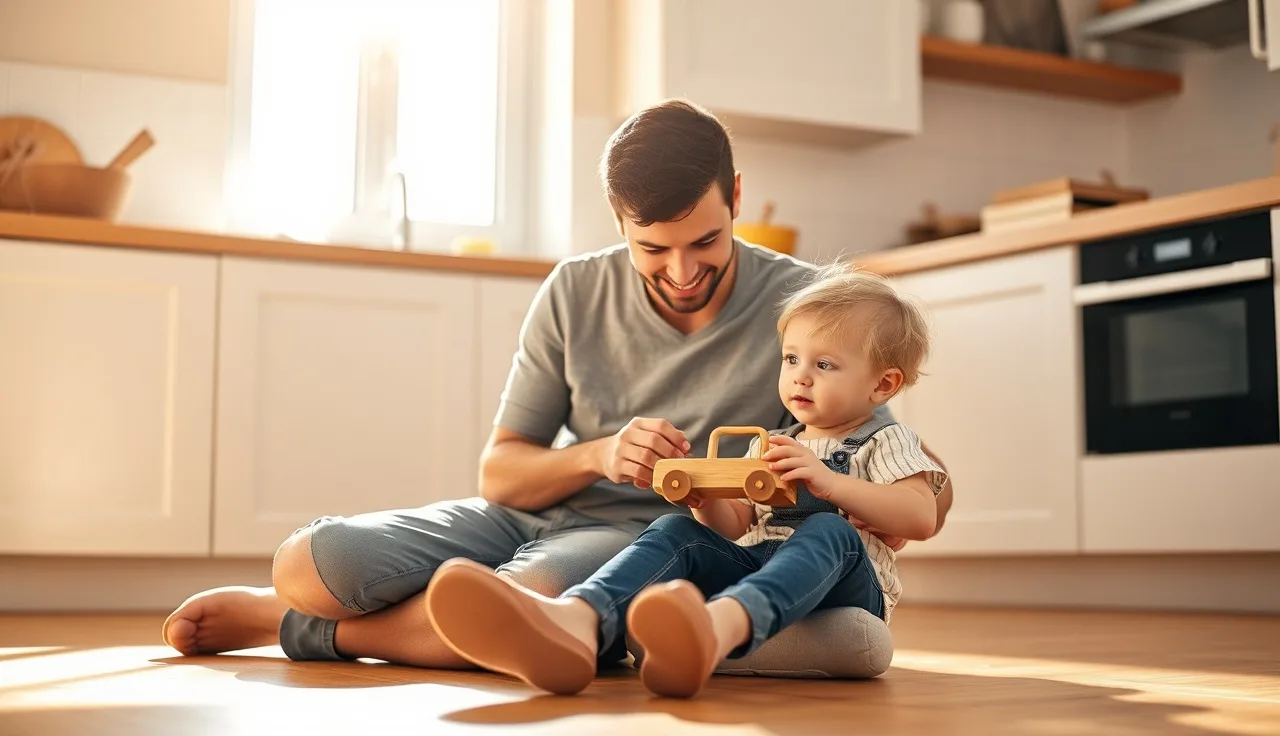 Parent and toddler on kitchen floor looking at toy car together during vocabulary play