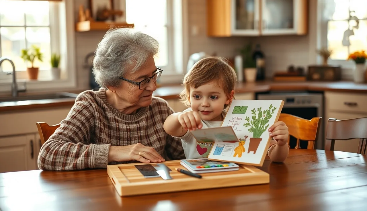 Grandmother and child using a picture communication board at kitchen table
