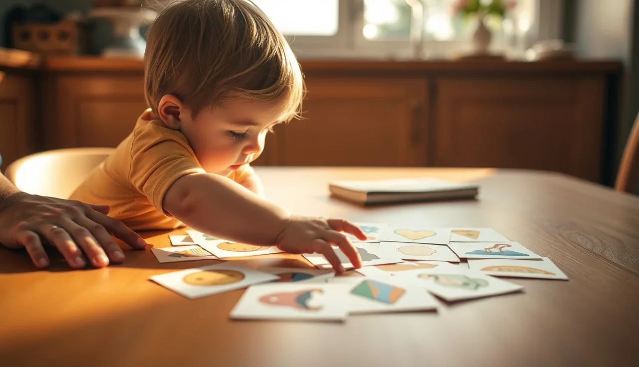 Child reaching toward communication picture symbols on a table with parent nearby