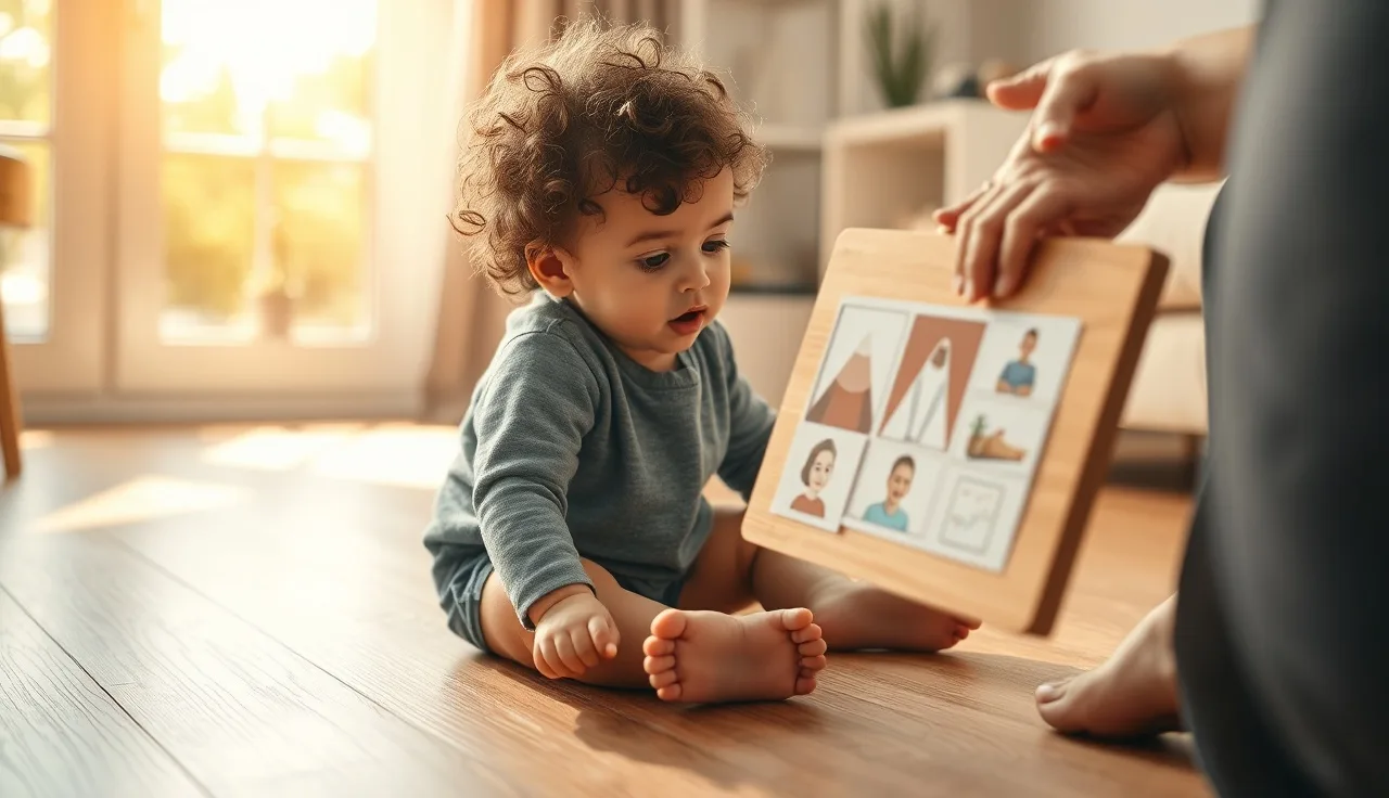 Child reaching toward a picture communication board held by a parent at home