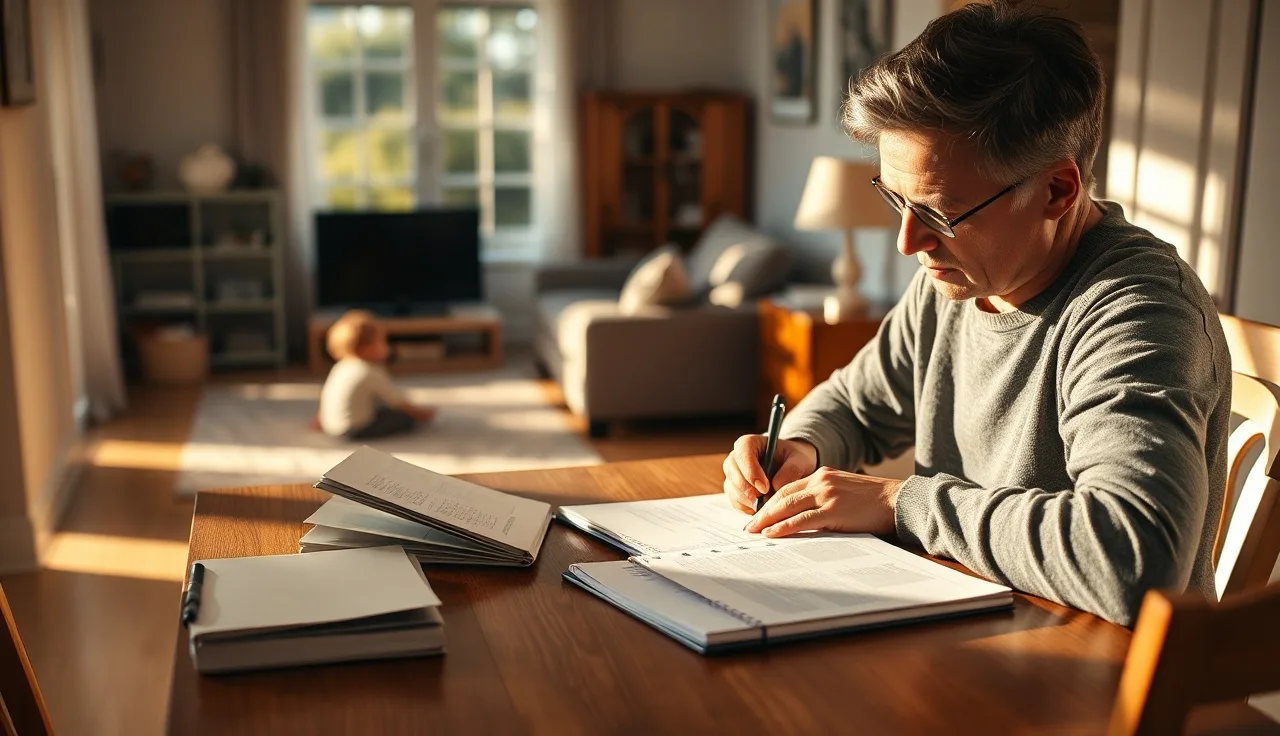 Parent writing notes at kitchen table while child plays nearby, preparing an AAC complaint