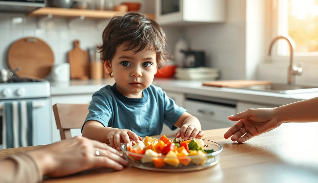 Young child at kitchen table with a plate of foods during a feeding therapy home practice session